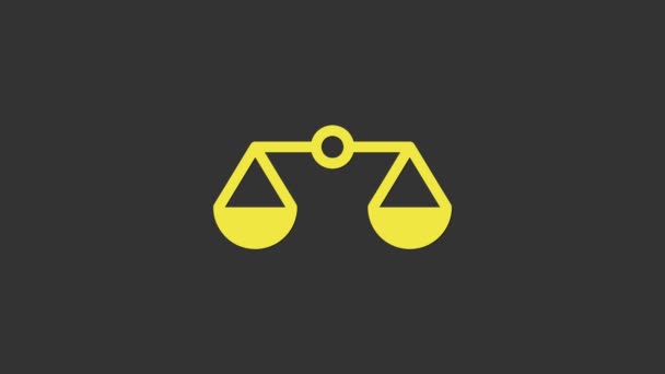 Yellow Scales of justice icon isolated on grey background. Court of law symbol. Balance scale sign. 4K Video motion graphic animation — Stock Video