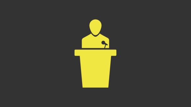 Yellow Speaker icon isolated on grey background. Orator speaking from tribune. Public speech. Person on podium. 4K Video motion graphic animation — Stock Video