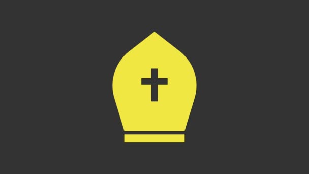 Sombrero Papa amarillo icono aislado sobre fondo gris. Signo de sombrero cristiano. Animación gráfica de vídeo 4K — Vídeo de stock