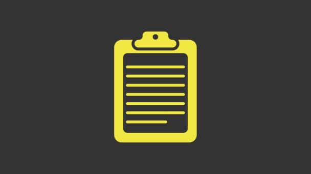 Portapapeles amarillo con icono de documento aislado sobre fondo gris. Animación gráfica de vídeo 4K — Vídeos de Stock