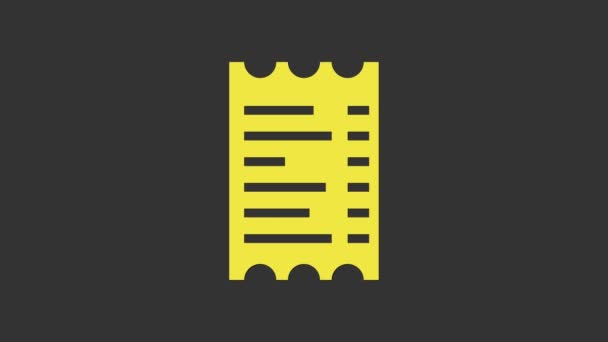 Comprobación de papel amarillo e icono de verificación financiera aislados sobre fondo gris. Comprobación de impresión de papel, recibo de la tienda o factura. Animación gráfica de vídeo 4K — Vídeos de Stock