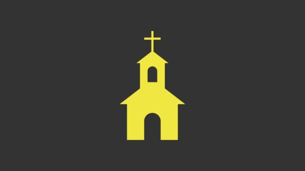 Желтая икона здания церкви выделена на сером фоне. Христианская церковь Религия церкви. Видеографическая анимация 4K — стоковое видео