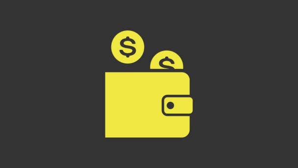 Dompet kuning dengan ikon koin terisolasi pada latar belakang abu-abu. Dompet uang. Simbol koin dolar. Animasi grafis gerak Video 4K — Stok Video