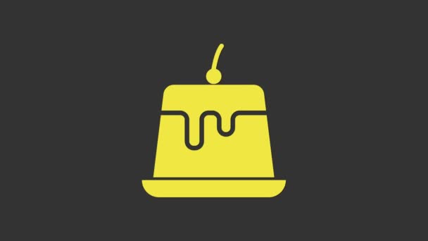 Žlutý pudink s karamelovou glazurní ikonou izolovanou na šedém pozadí. Grafická animace pohybu videa 4K — Stock video