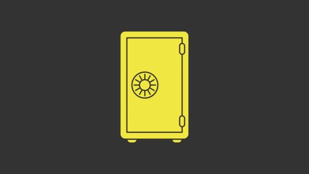Sárga széf ikon elszigetelt szürke háttér. Az ajtó széf egy páncélterem kombinációs zárral. Megbízható adatvédelem. 4K Videó mozgás grafikus animáció — Stock videók