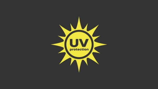 Icono amarillo de protección UV aislado sobre fondo gris. Radiación ultravioleta. Señal solar SPF. Animación gráfica de vídeo 4K — Vídeo de stock