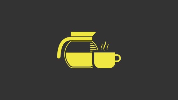 Cafetera amarilla con icono de taza aislada sobre fondo gris. Animación gráfica de vídeo 4K — Vídeos de Stock