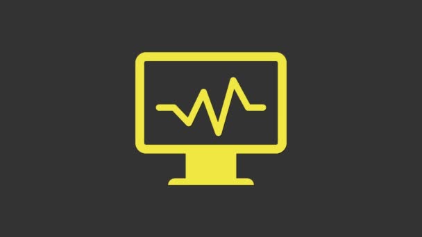 Żółty monitor z ikoną kardiogramu na szarym tle. Ikona monitoringu. Monitor EKG z narysowanym biciem serca. 4K Animacja graficzna ruchu wideo — Wideo stockowe