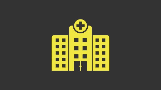회색 배경에 십자가 모양의 건물이 있는 옐로우 메디컬 병원 건물. 의료 센터요. 건강 관리. 4K 비디오 모션 그래픽 애니메이션 — 비디오