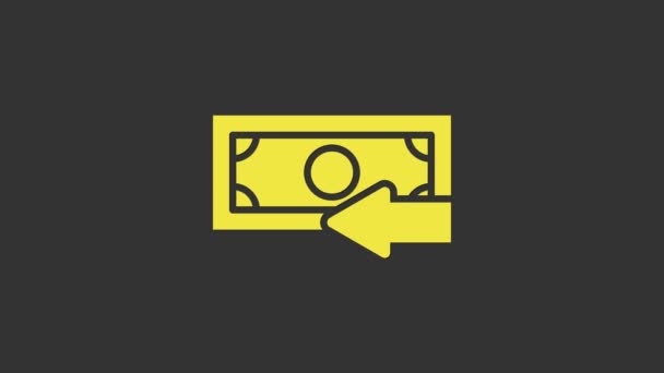 Gele Cash terug pictogram geïsoleerd op grijze achtergrond. Financiële diensten, terugbetaling van geld, rendement van investeringen, spaarrekening, valutawissel. 4K Video motion grafische animatie — Stockvideo