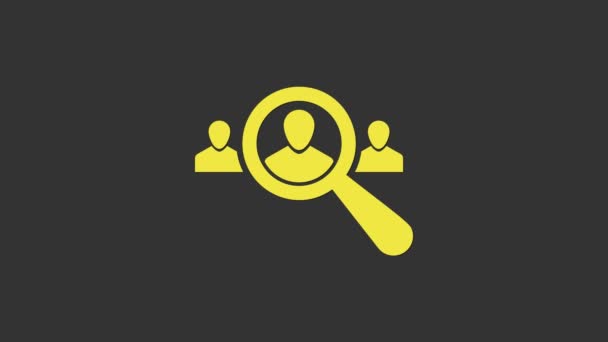 Žlutá lupa pro vyhledávání ikony lidí izolované na šedém pozadí. Nábor nebo koncepce výběru. Hledat zaměstnance a práci. Grafická animace pohybu videa 4K — Stock video