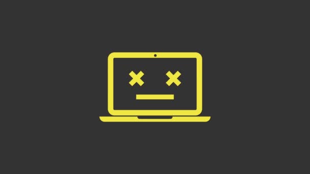 Yellow Dead laptop icon isolated on grey background. 404 error like laptop with dead emoji. Fatal error in pc system. 4K Video motion graphic animation — Stock Video