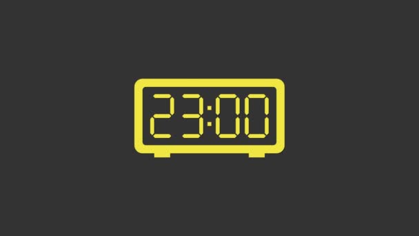 Icono de despertador digital amarillo aislado sobre fondo gris. Reloj despertador electrónico. Icono de tiempo. Animación gráfica de vídeo 4K — Vídeo de stock