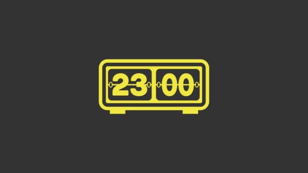 Amarelo ícone relógio retro flip isolado no fundo cinza. Relógio de aba de parede, modelo de contador de números, todos os dígitos com flips. Animação gráfica em movimento de vídeo 4K — Vídeo de Stock