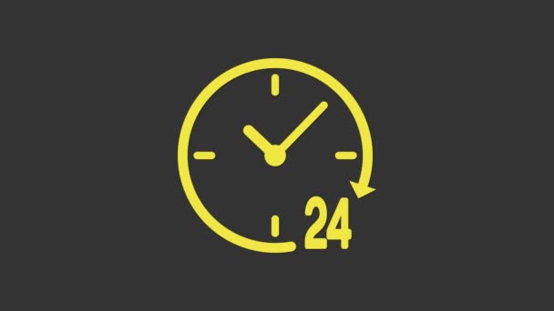黄色の時計24時間アイコンは灰色の背景に隔離された。丸一日アイコン。24時間サービスシンボル。4Kビデオモーショングラフィックアニメーション — ストック動画