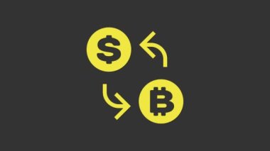 Sarı Şifreleme Değişim simgesi gri arkaplanda izole edildi. Bitcoin 'den dolar takas simgesine. Kripto para teknolojisi, mobil bankacılık. 4K Video hareketli grafik canlandırması
