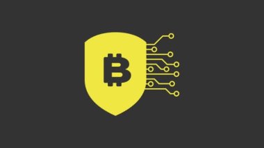 Gri arkaplanda bitcoin simgesi olan Sarı Kalkan. Kripto para madenciliği, engelleme teknolojisi, güvenlik, koruma, dijital para. 4K Video hareketli grafik canlandırması
