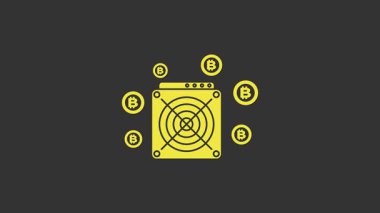 Sarı ASIC Miner simgesi gri arkaplanda izole edildi. Kripto para birimi madencilik ekipmanları ve donanım. Uygulamaya özel entegre devre. 4K Video hareketli grafik canlandırması