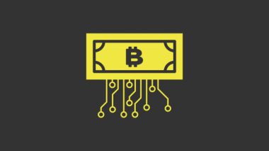 Sarı kripto para birimi bitcoin, gri arkaplanda izole edilmiş mikroçip devre ikonu ile daire içinde. Engelleme teknolojisi, dijital para piyasası. 4K Video hareketli grafik canlandırması