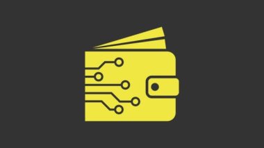 Sarı kripto para birimi cüzdan simgesi gri arkaplanda izole edildi. Cüzdan ve bitcoin işareti. Maden konsepti. Para, ödeme, nakit, ödeme ikonu. 4K Video hareketli grafik canlandırması