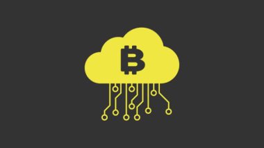 Sarı kripto para birimi bulut maden ikonu gri arka planda izole. Engelleme teknolojisi, bitcoin, dijital para piyasası, kripto para cüzdanı. 4K Video hareketli grafik canlandırması