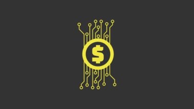 Sarı kripto para birimi bitcoin, gri arkaplanda izole edilmiş mikroçip devre ikonu ile daire içinde. Engelleme teknolojisi, dijital para piyasası. 4K Video hareketli grafik canlandırması
