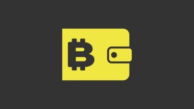 Sarı kripto para birimi cüzdan simgesi gri arkaplanda izole edildi. Cüzdan ve bitcoin işareti. Maden konsepti. Para, ödeme, nakit, ödeme ikonu. 4K Video hareketli grafik canlandırması