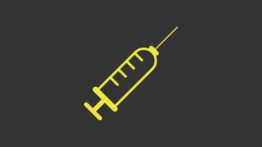 Sarı Şırınga simgesi gri arkaplanda izole edildi. Aşı için şırınga, aşı, iğne, grip aşısı. Tıbbi ekipman. 4K Video hareketli grafik canlandırması