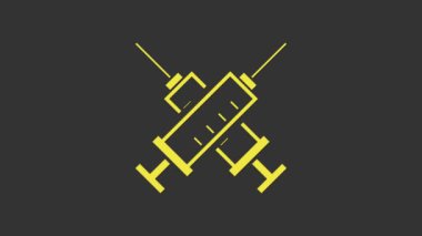 Sarı Çapraz Şırınga ikonu gri arka planda izole edildi. Aşı için şırınga, aşı, iğne, grip aşısı. Tıbbi ekipman. 4K Video hareketli grafik canlandırması