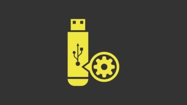 Sarı USB flaş bellek ve vites simgesi gri arkaplanda izole edildi. Uygulama, servis konsepti, ayar seçenekleri, bakım, onarım, onarım. 4K Video hareketli grafik canlandırması