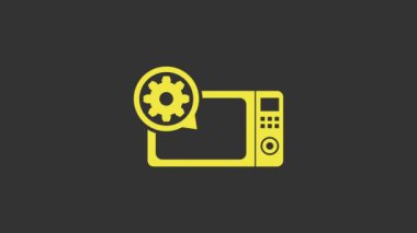 Sarı mikrodalga fırın ve vites simgesi gri arka planda izole edildi. Uygulama, servis konsepti, ayar seçenekleri, bakım, onarım, onarım. 4K Video hareketli grafik canlandırması