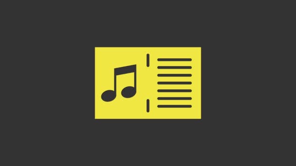 Κίτρινο βιβλίο μουσικής με εικονίδιο σημείωμα απομονώνονται σε γκρι φόντο. Μουσικό φύλλο με σημείωμα stave. Σημειωματάριο για μουσικές νότες. 4K Γραφική κίνηση κίνησης βίντεο — Αρχείο Βίντεο