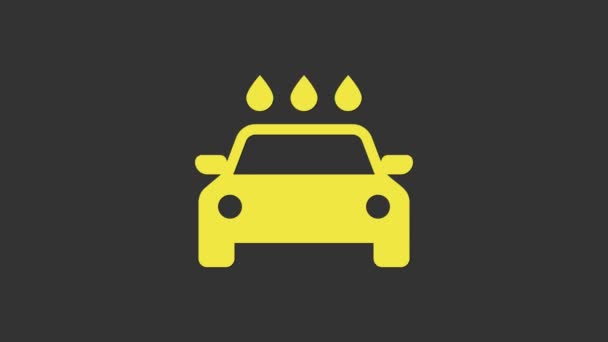 노란 자동차 세탁 아이콘은 회색 배경에 분리되어 있습니다. Carwash 서비스와 물 구름 아이콘. 4K 비디오 모션 그래픽 애니메이션 — 비디오