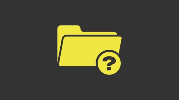 Ikona žlutého neznámého adresáře izolovaná na šedém pozadí. Lupa a složka. Grafická animace pohybu videa 4K