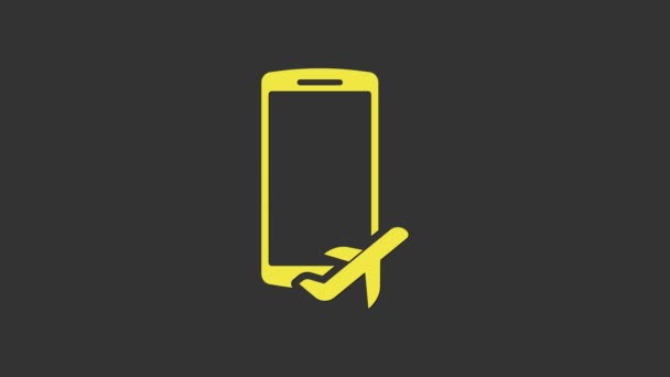 グレーの背景に隔離された携帯電話のアイコン内の黄色の飛行モード。航空機または航空機のオフラインモード旅客規制航空会社。4Kビデオモーショングラフィックアニメーション — ストック動画