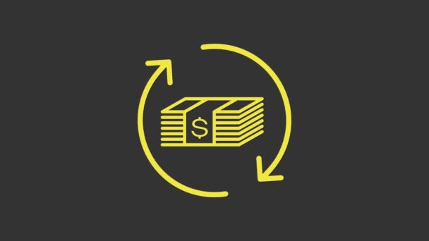 Icono de dinero de reembolso amarillo aislado sobre fondo gris. Servicios financieros, concepto de devolución de efectivo, reembolso de dinero, retorno de la inversión, cuenta de ahorros. Animación gráfica de vídeo 4K — Vídeo de stock
