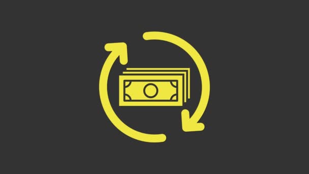 Желтая иконка Refund Money на сером фоне. Финансовые услуги, возврат денег, возврат денег, возврат инвестиций, сберегательный счет. Видеографическая анимация 4K — стоковое видео