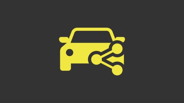 Icono para compartir coche amarillo aislado sobre fondo gris. Carsharing signo. Transporte alquiler concepto de servicio. Animación gráfica de vídeo 4K — Vídeo de stock