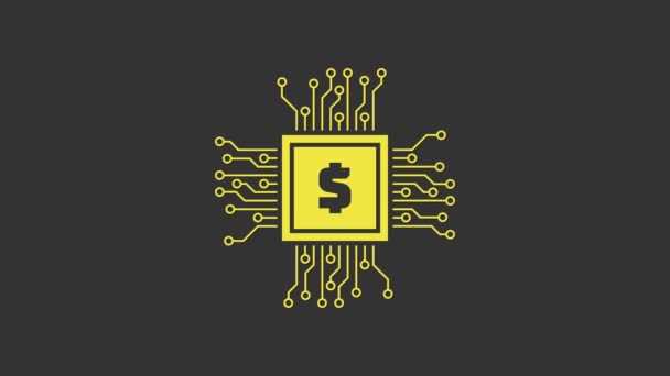 Yellow Processor chip with dollar icon isolated on grey background. CPU, central processing unit, microchip, microcircuit, computer processor. 4K Video motion graphic animation — Stock Video