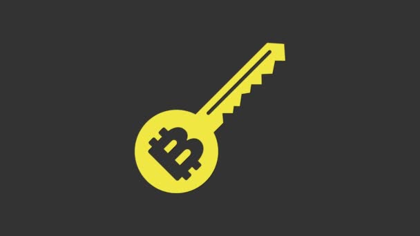Ikona klucza żółtej kryptowaluty odizolowana na szarym tle. Koncepcja bezpieczeństwa cybernetycznego lub prywatnego klucza, cyfrowy klucz z interfejsem technologicznym. 4K Animacja graficzna ruchu wideo — Wideo stockowe