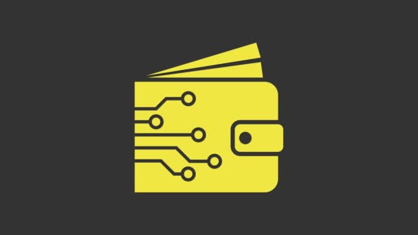Gele Cryptogeld portemonnee pictogram geïsoleerd op grijze achtergrond. Portemonnee en Bitcoin teken. Mijnbouwconcept. Geld, betaling, contant, betaal icoon. 4K Video motion grafische animatie — Stockvideo