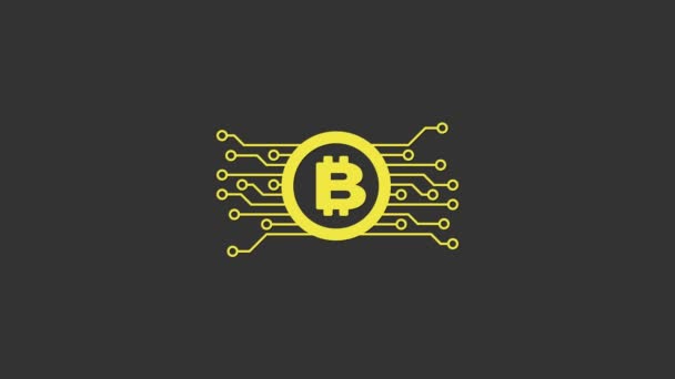 Bitcoin amarillo criptomoneda en círculo con icono de circuito de microchip aislado sobre fondo gris. Tecnología blockchain, mercado de dinero digital. Animación gráfica de vídeo 4K — Vídeos de Stock