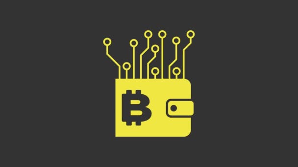 グレーの背景に隔離された黄色の暗号化財布アイコン。財布とビットコインのサイン。鉱業の概念。お金、支払い、現金、支払いアイコン。4Kビデオモーショングラフィックアニメーション — ストック動画