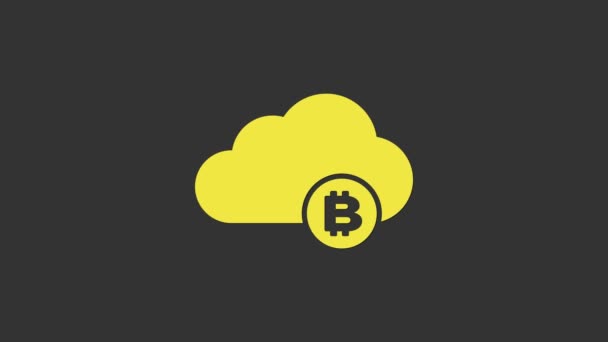 Gele Cryptogeld wolk mijnbouw pictogram geïsoleerd op grijze achtergrond. Blockchain technologie, Bitcoin, digitale geldmarkt, cryptocoin portemonnee. 4K Video motion grafische animatie — Stockvideo