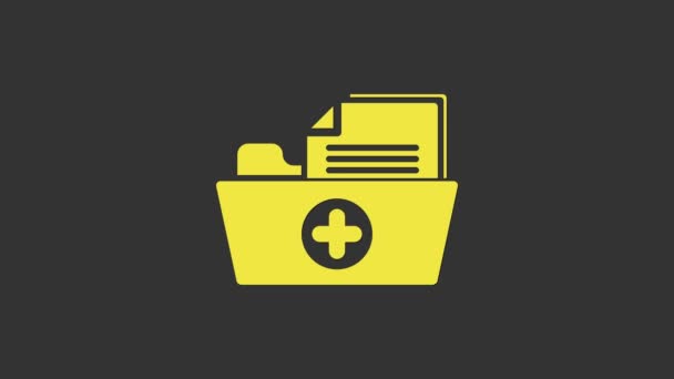 Carpeta de registros médicos amarillos para icono de atención médica aislado sobre fondo gris. Icono del archivo del paciente. Símbolo de historia médica. Animación gráfica de vídeo 4K — Vídeo de stock