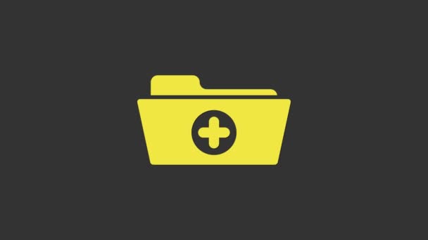 Carpeta de registros médicos amarillos para icono de atención médica aislado sobre fondo gris. Icono del archivo del paciente. Símbolo de historia médica. Animación gráfica de vídeo 4K — Vídeos de Stock