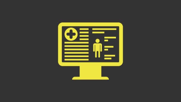 Dossier clinique médical jaune sur icône du moniteur isolé sur fond gris. Formulaire d'assurance maladie. Prescription, rapport de contrôle médical. Animation graphique de mouvement vidéo 4K — Video