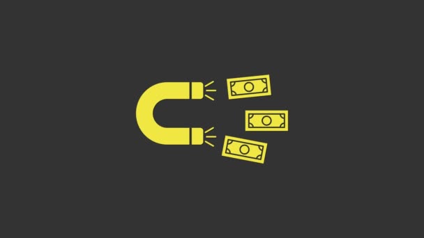 Yellow Magnet με χρήματα εικονίδιο απομονώνονται σε γκρι φόντο. Έννοια της προσέλκυσης επενδύσεων, χρημάτων. Μεγάλο επιχειρηματικό κέρδος έλξης και την επιτυχία. 4K Γραφική κίνηση κίνησης βίντεο — Αρχείο Βίντεο