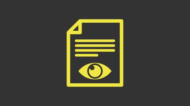 Página de papel amarillo con icono de símbolo ocular aislado sobre fondo gris. Abrir signo de archivo de información. Animación gráfica de vídeo 4K — Vídeos de Stock