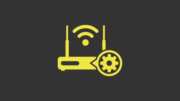 Roteador amarelo e sinal wi-fi e ícone de engrenagem isolado no fundo cinza. Ajustar aplicativo, conceito de serviço, opções de configuração, manutenção, reparo, fixação. Animação gráfica em movimento de vídeo 4K — Vídeo de Stock